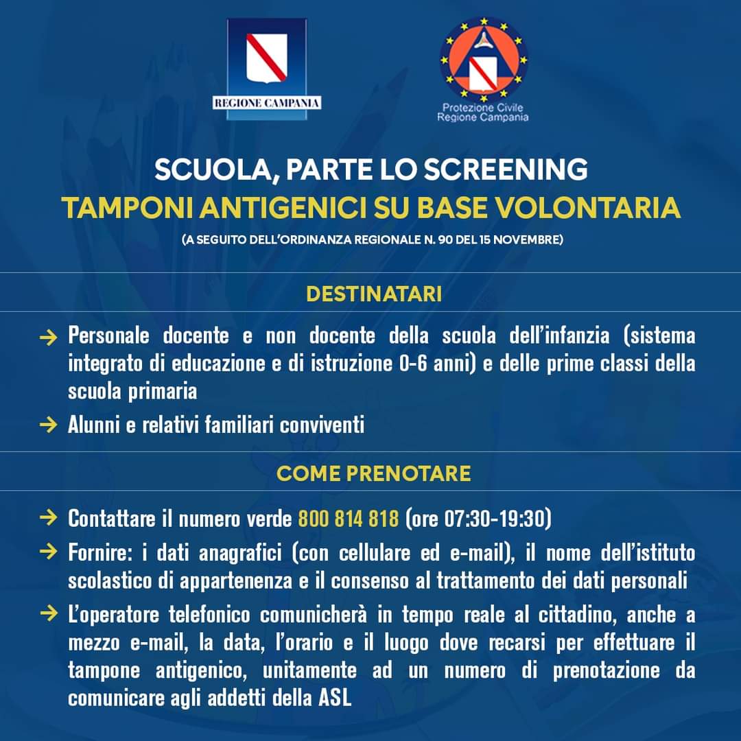 Modalità prenotazione tamponi antigenici Infanzia e Primaria classi prime